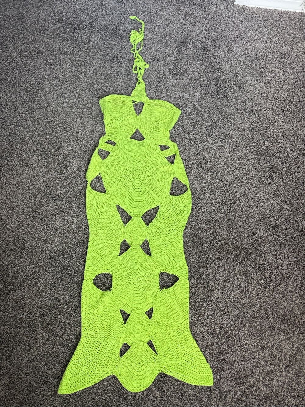 Neon Lime Crochet Cutout Halter Maxi Dress